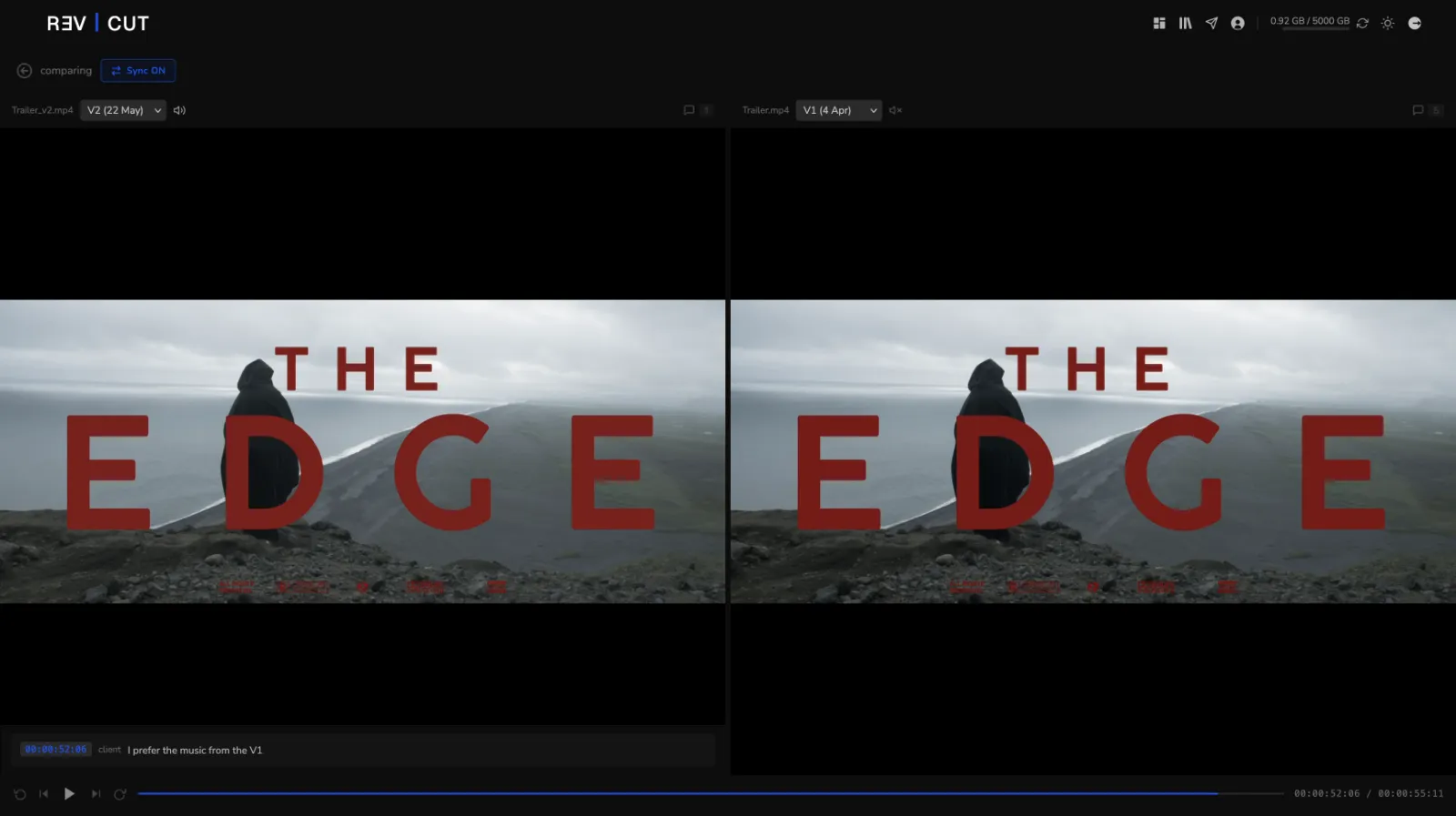 RevCut compare view showing two video versions side by side, scrubbing in sync