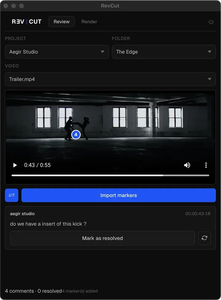 RevCut DaVinci Resolve plugin importing client comments as color-coded timeline markers
