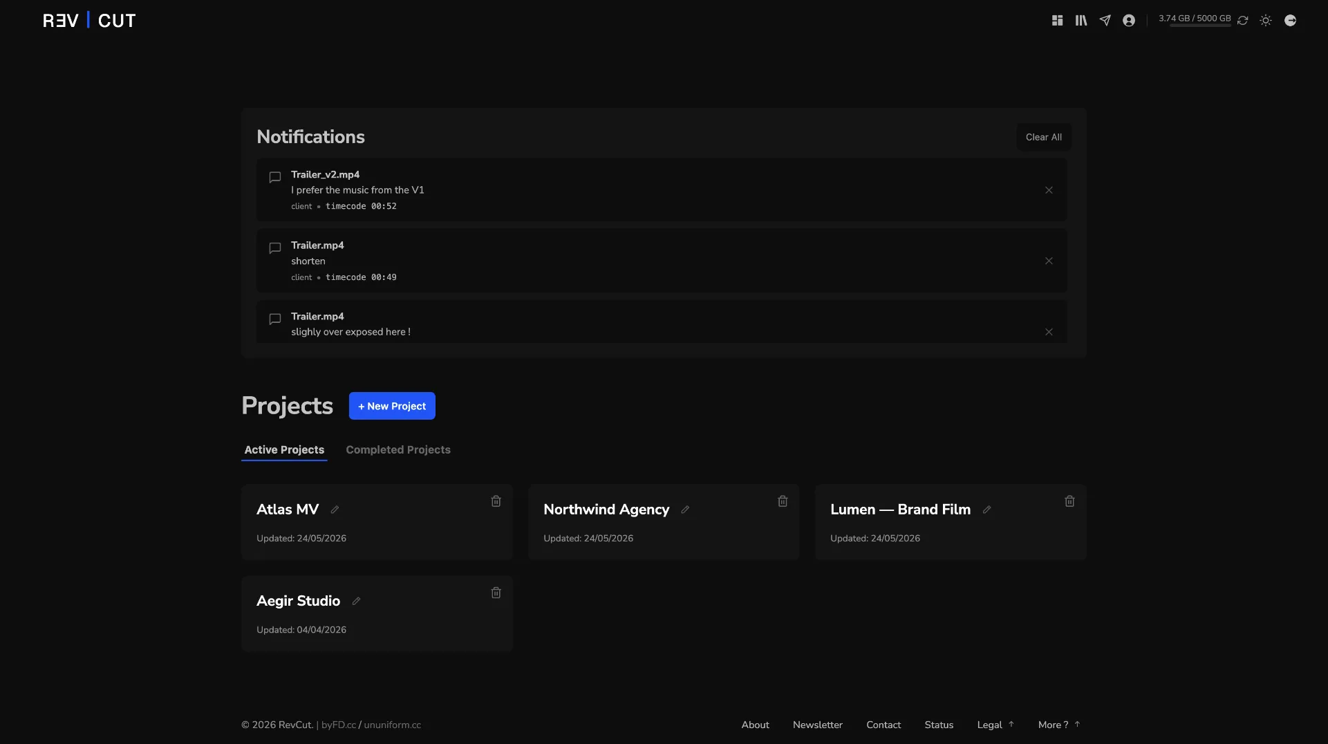 RevCut dashboard showing storage usage and recent projects