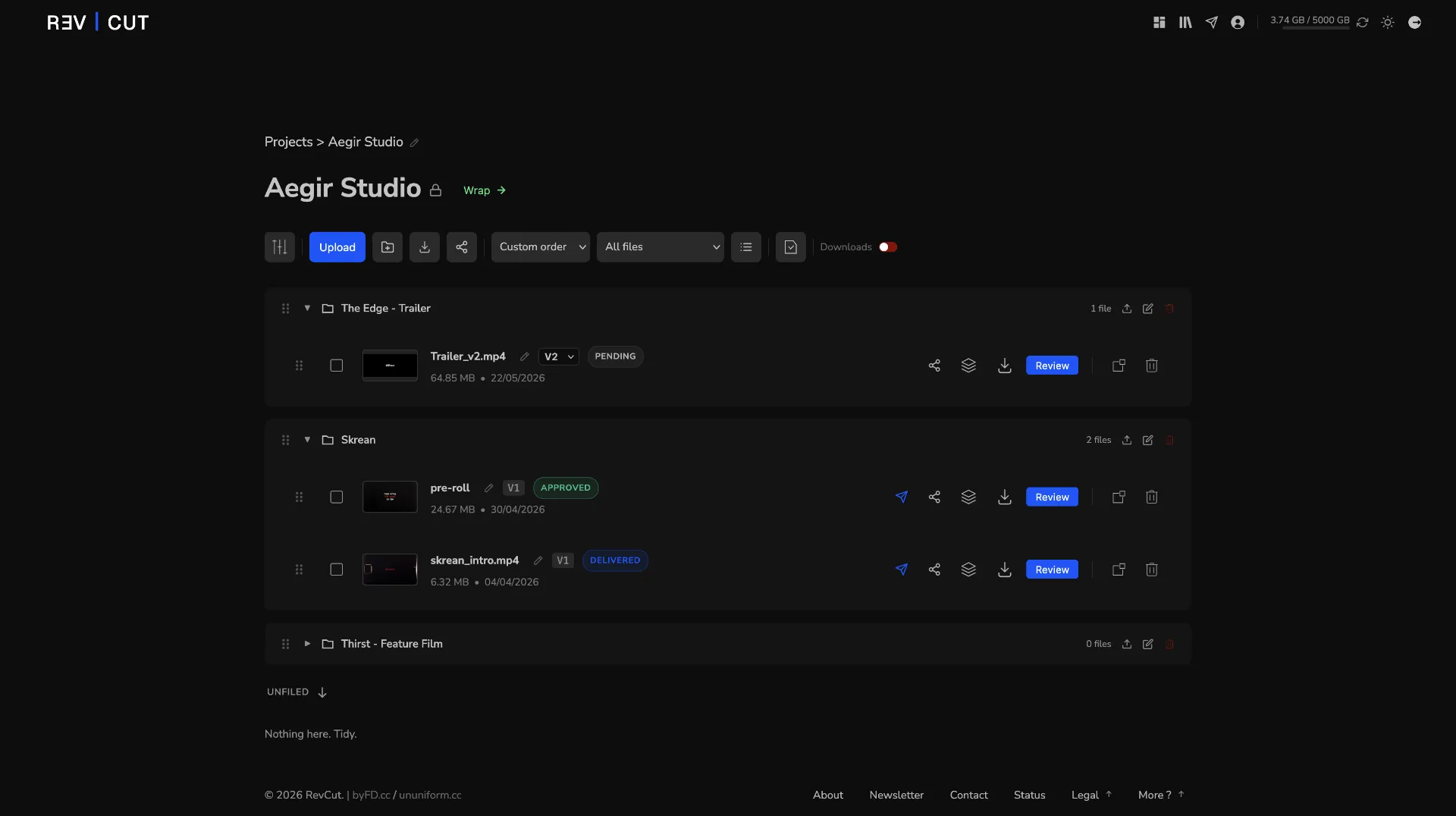 A RevCut project with videos organised into folders