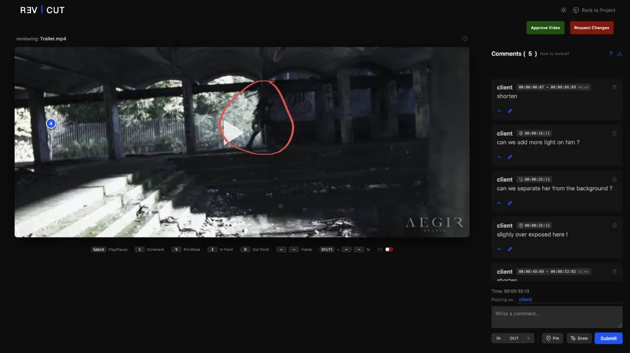 RevCut review view with a frame-accurate pinned comment and timestamp