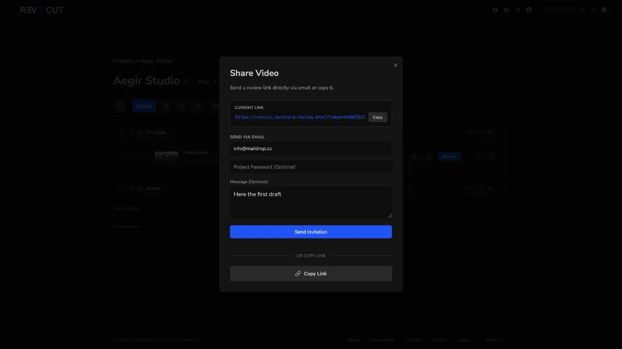 RevCut share popup with review link, password and expiry options