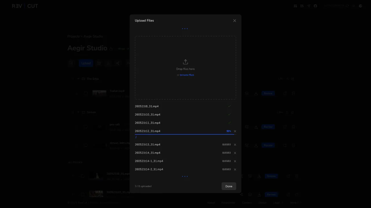 Uploading a video to RevCut with a live progress bar